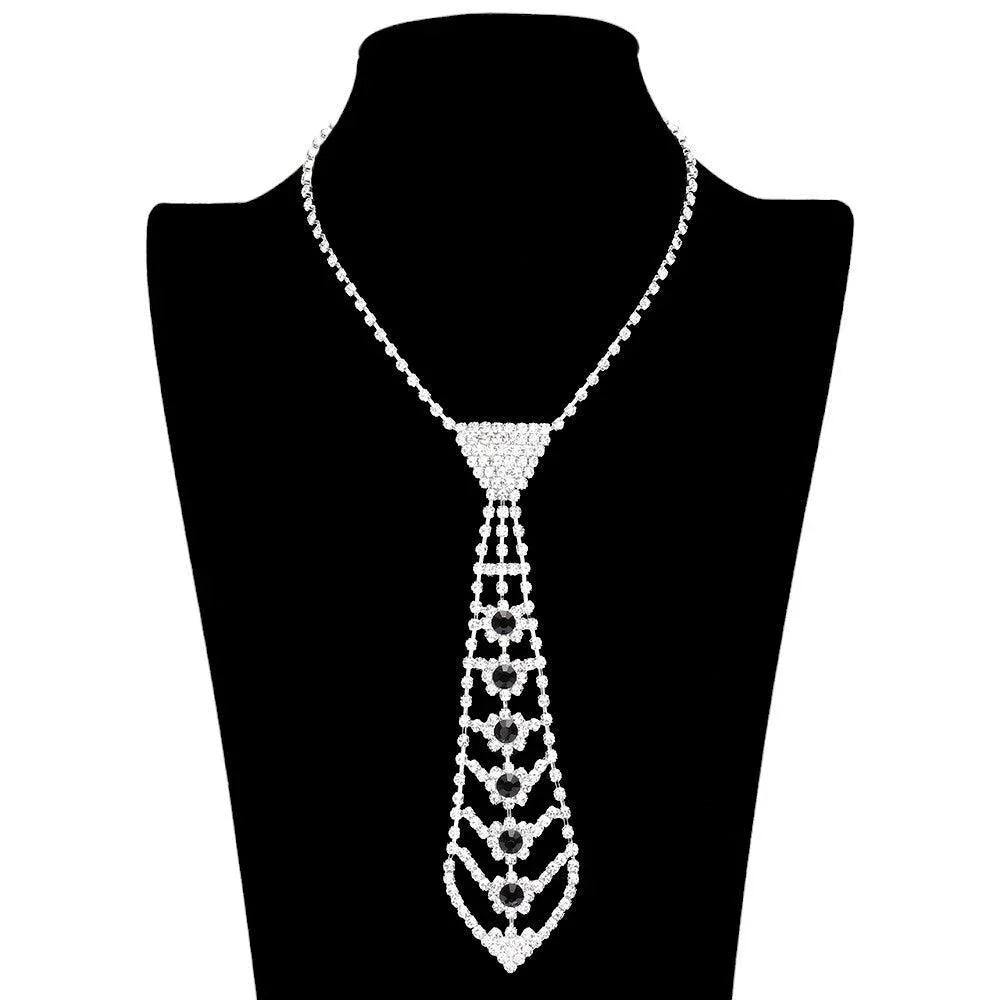 Black Rhinestone Paved Round Stone Pointed Tie Shaped Evening Necklace - Jewelry Store by Erik Rayo