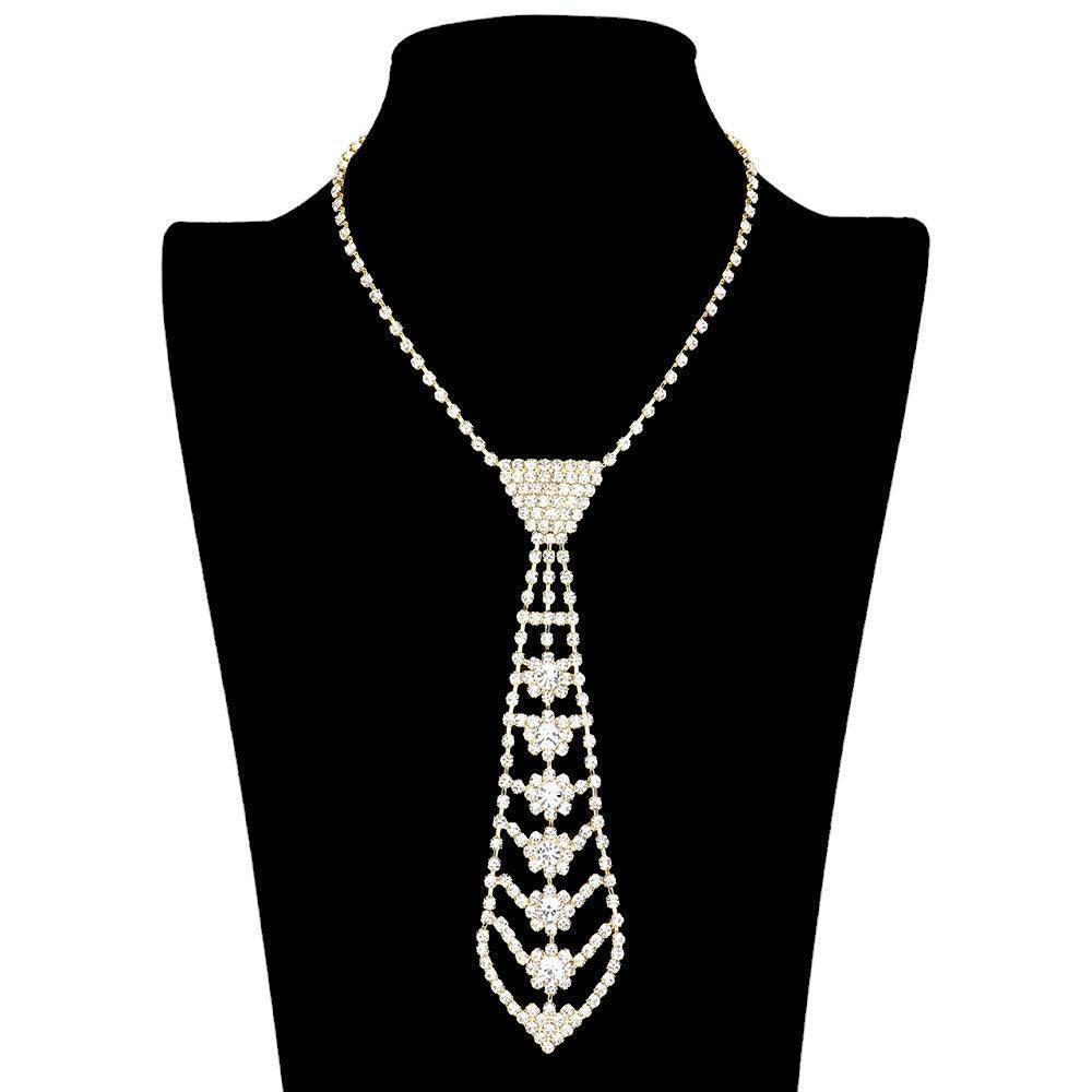 Gold Rhinestone Paved Round Stone Pointed Tie Shaped Evening Necklace - Jewelry Store by Erik Rayo