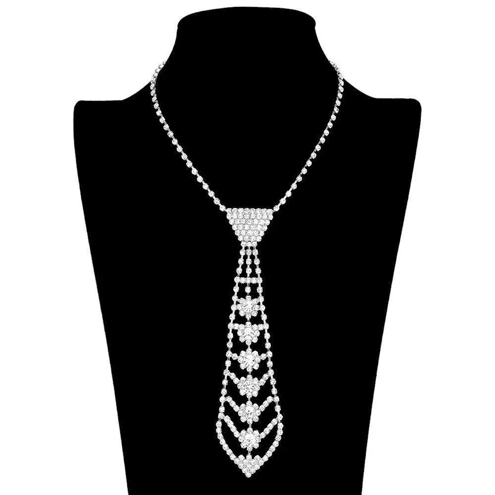 Silver Rhinestone Paved Round Stone Pointed Tie Shaped Evening Necklace - Jewelry Store by Erik Rayo