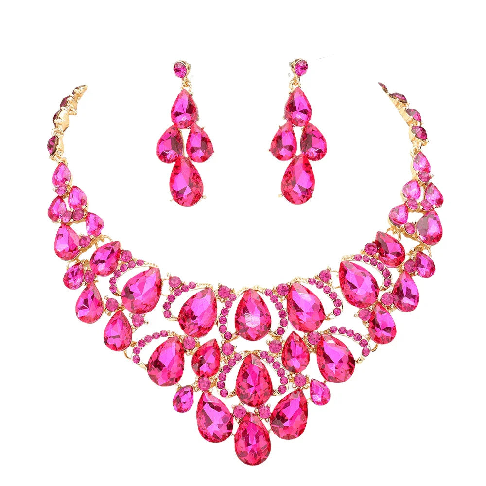 Fuchsia Teardrop Stone Cluster Evening Necklace - Jewelry Store by Erik Rayo