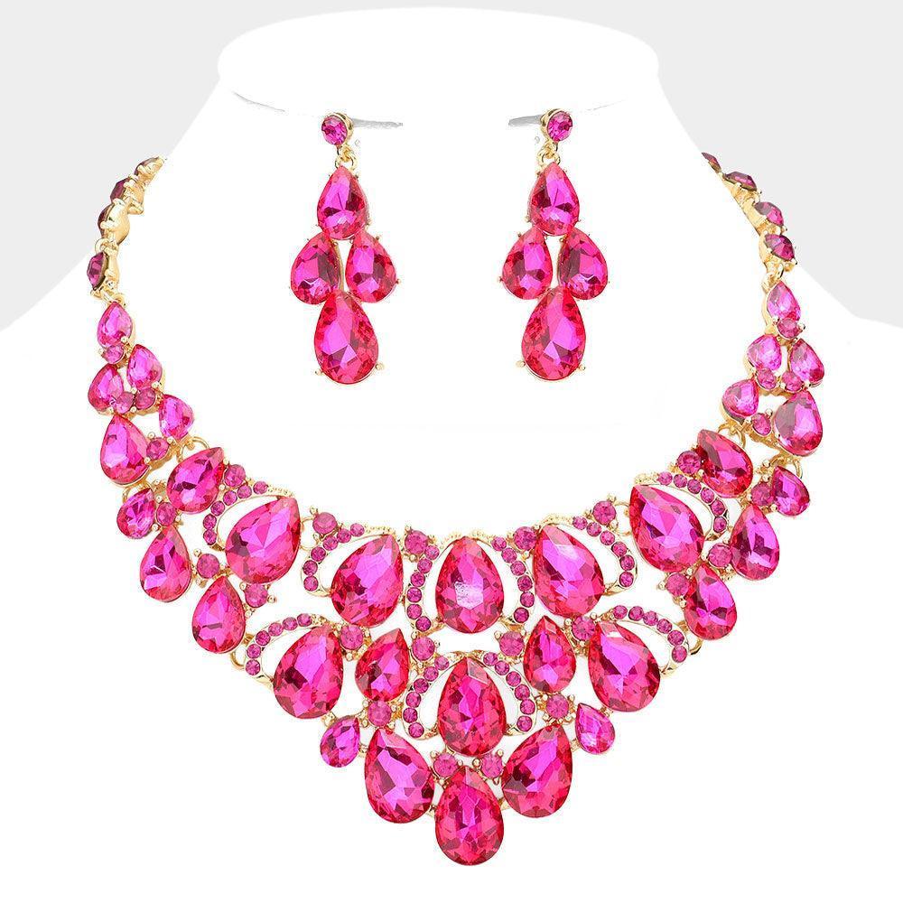 Fuchsia Teardrop Stone Cluster Evening Necklace - Jewelry Store by Erik Rayo