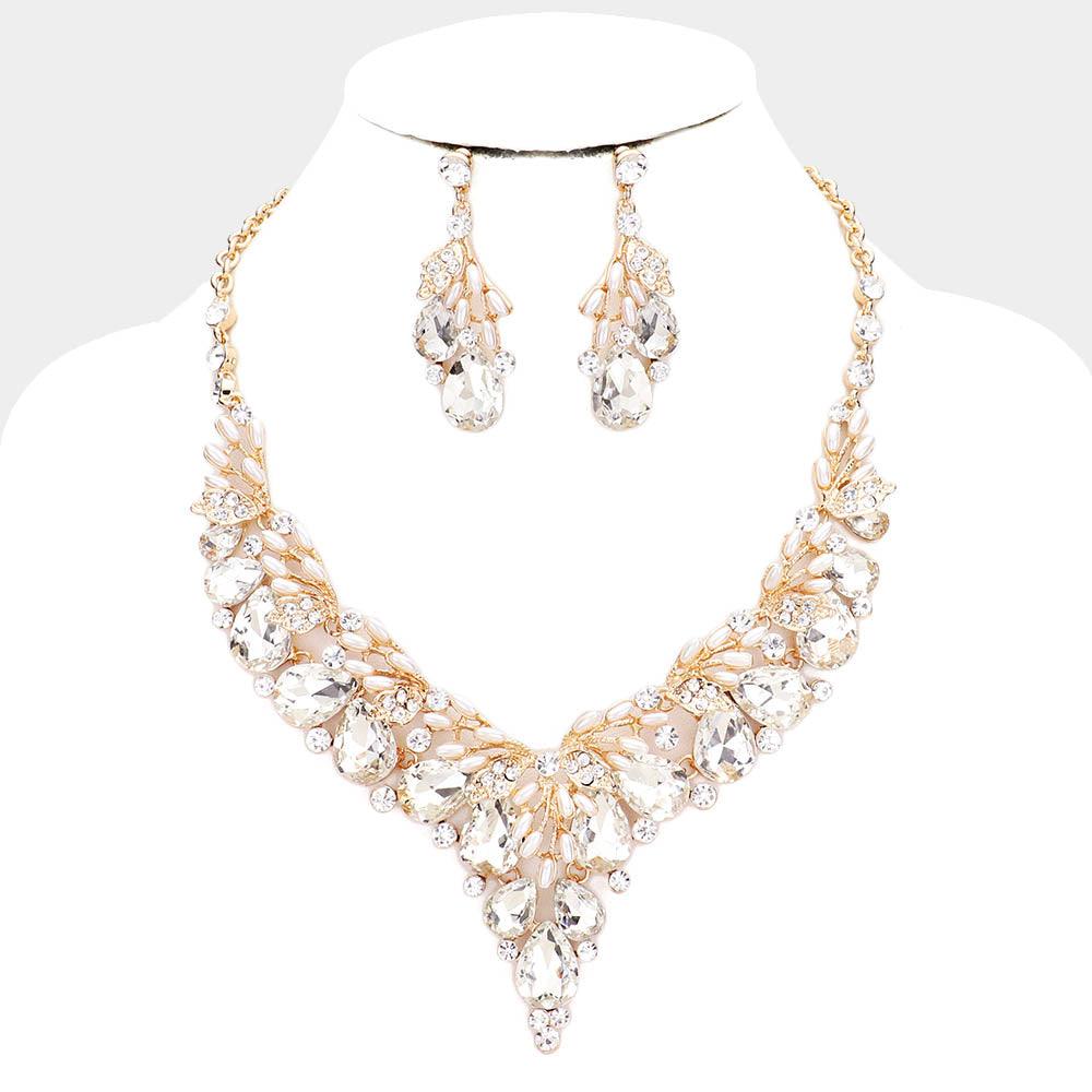 Gold Teardrop Glass Crystal Vine Collar Evening Necklace