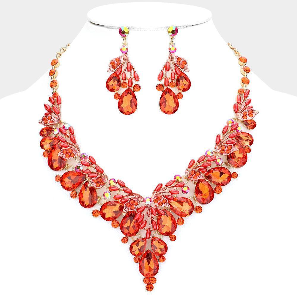Orange Teardrop Glass Crystal Pearl Vine Evening Necklace - Jewelry Store by Erik Rayo