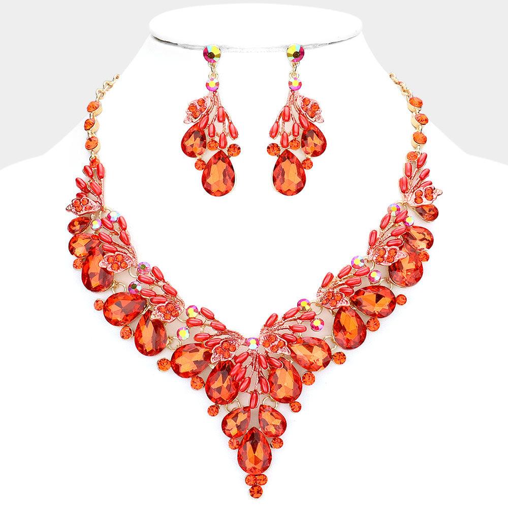 Orange Teardrop Glass Crystal Pearl Vine Evening Necklace