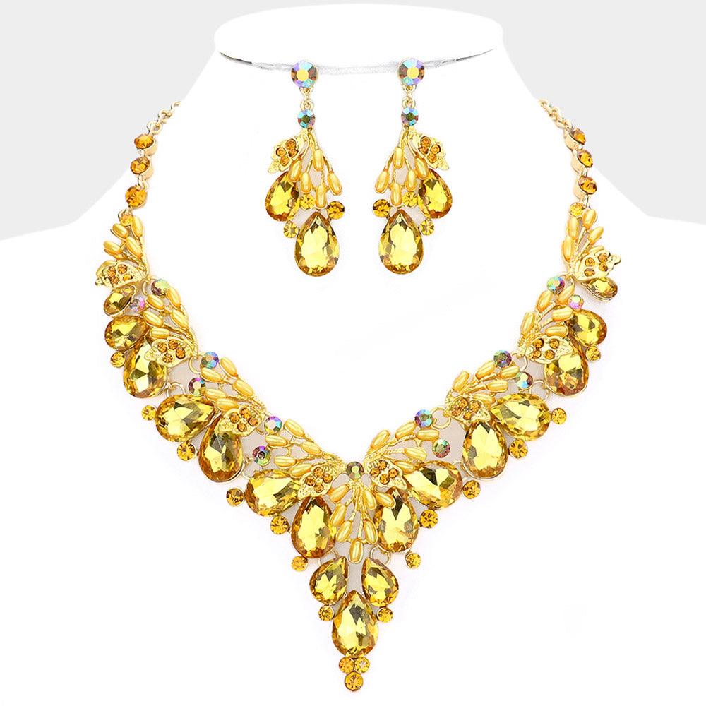 Yellow Teardrop Glass Crystal Pearl Vine Evening Necklace