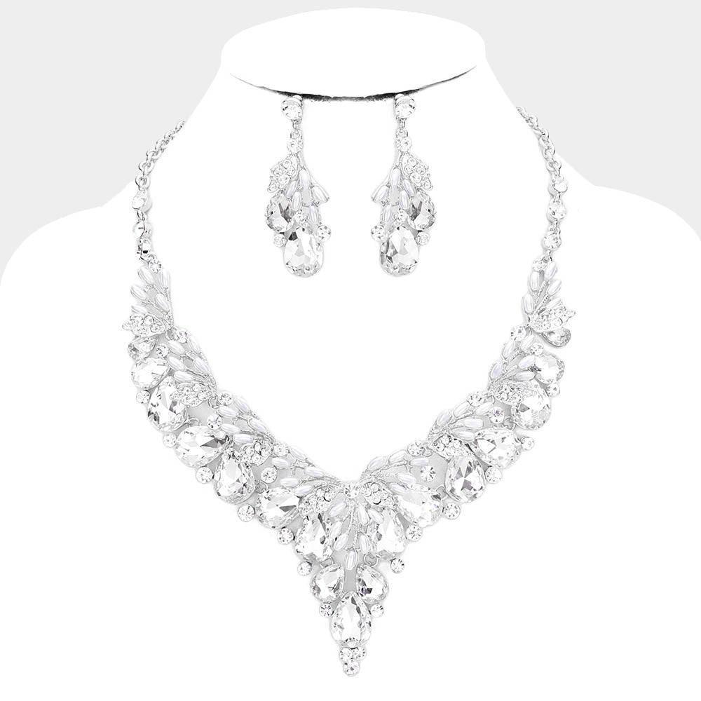 Clear Teardrop Glass Crystal Vine Collar Evening Necklace