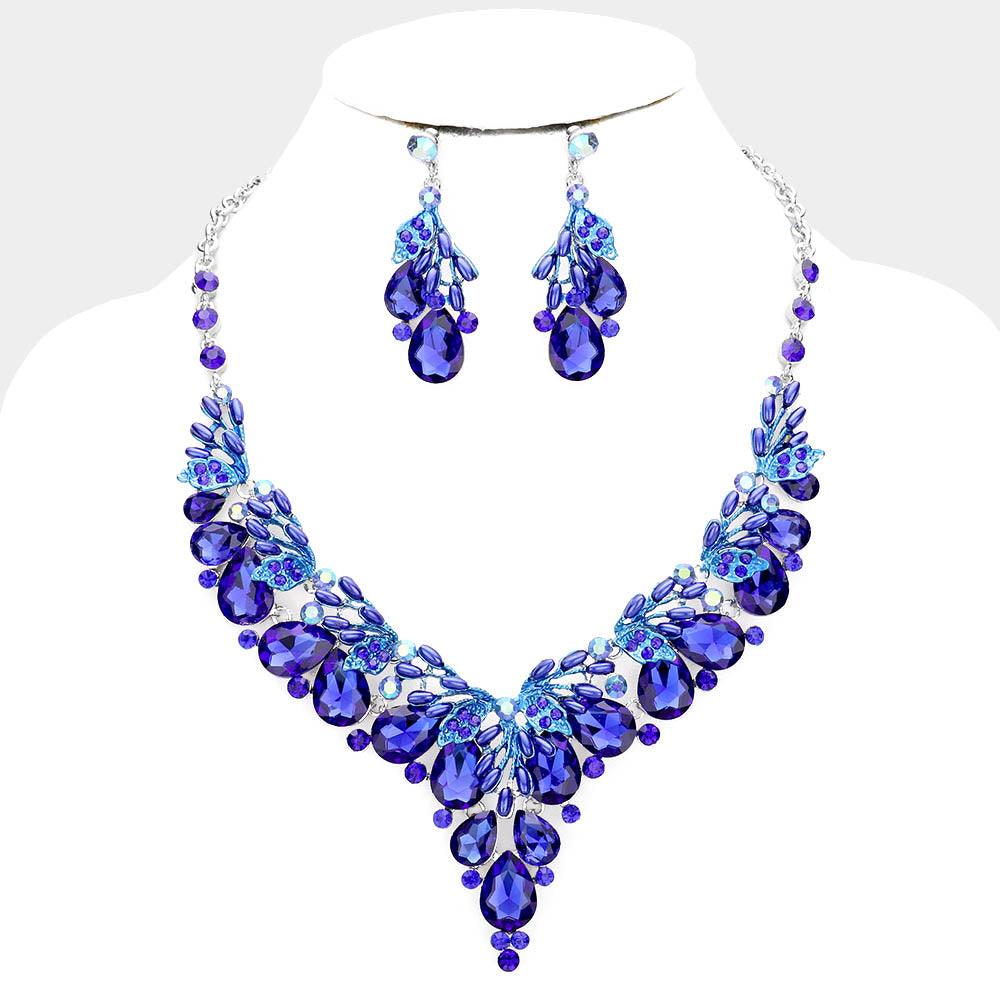 Blue Teardrop Glass Crystal Vine Collar Evening Necklace