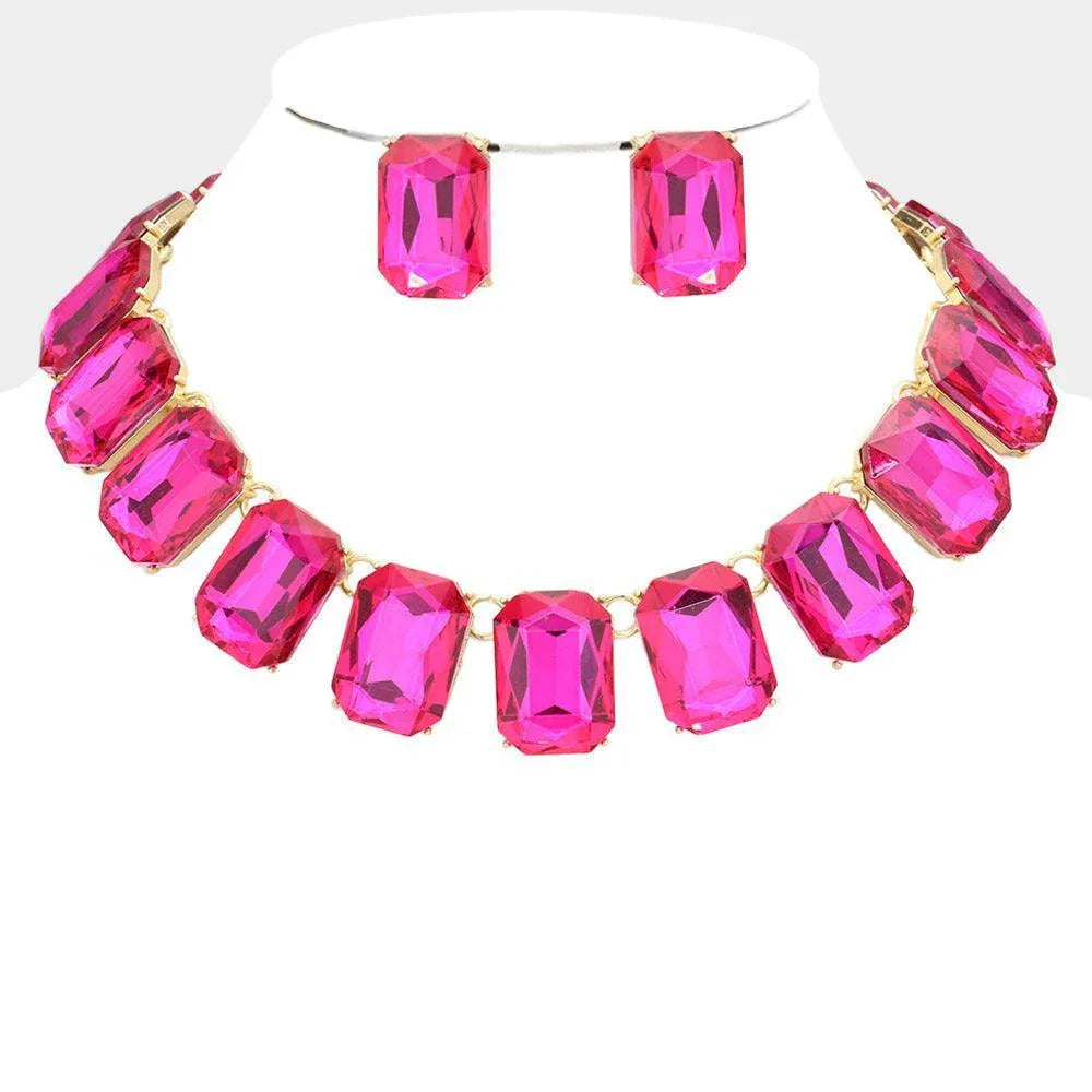 Fuchsia Emerald Cut Stone Link Evening Necklace - Jewelry Store by Erik Rayo