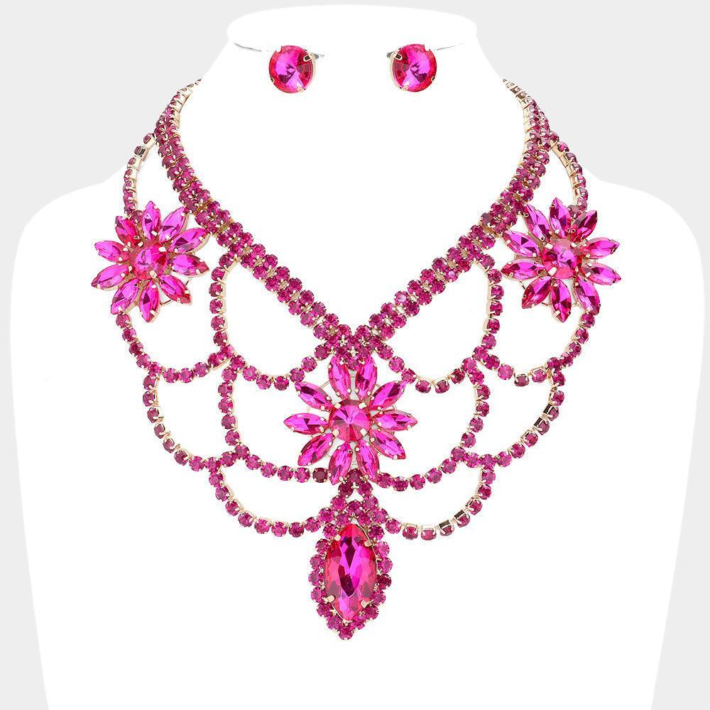 Fuchsia Floral Marquise Stone Accented Draped Evening Necklace