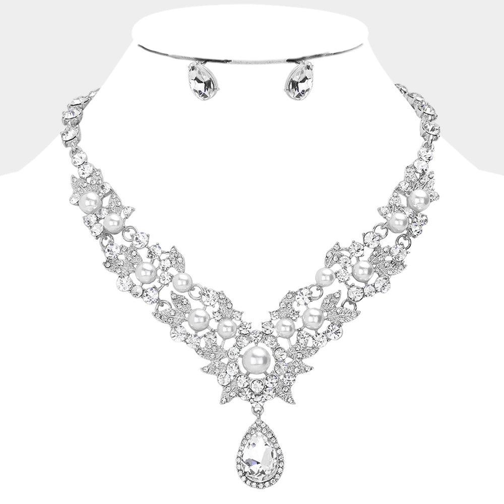 White Pearl Accented Teardrop Stone Cluster Pendant Evening Necklace