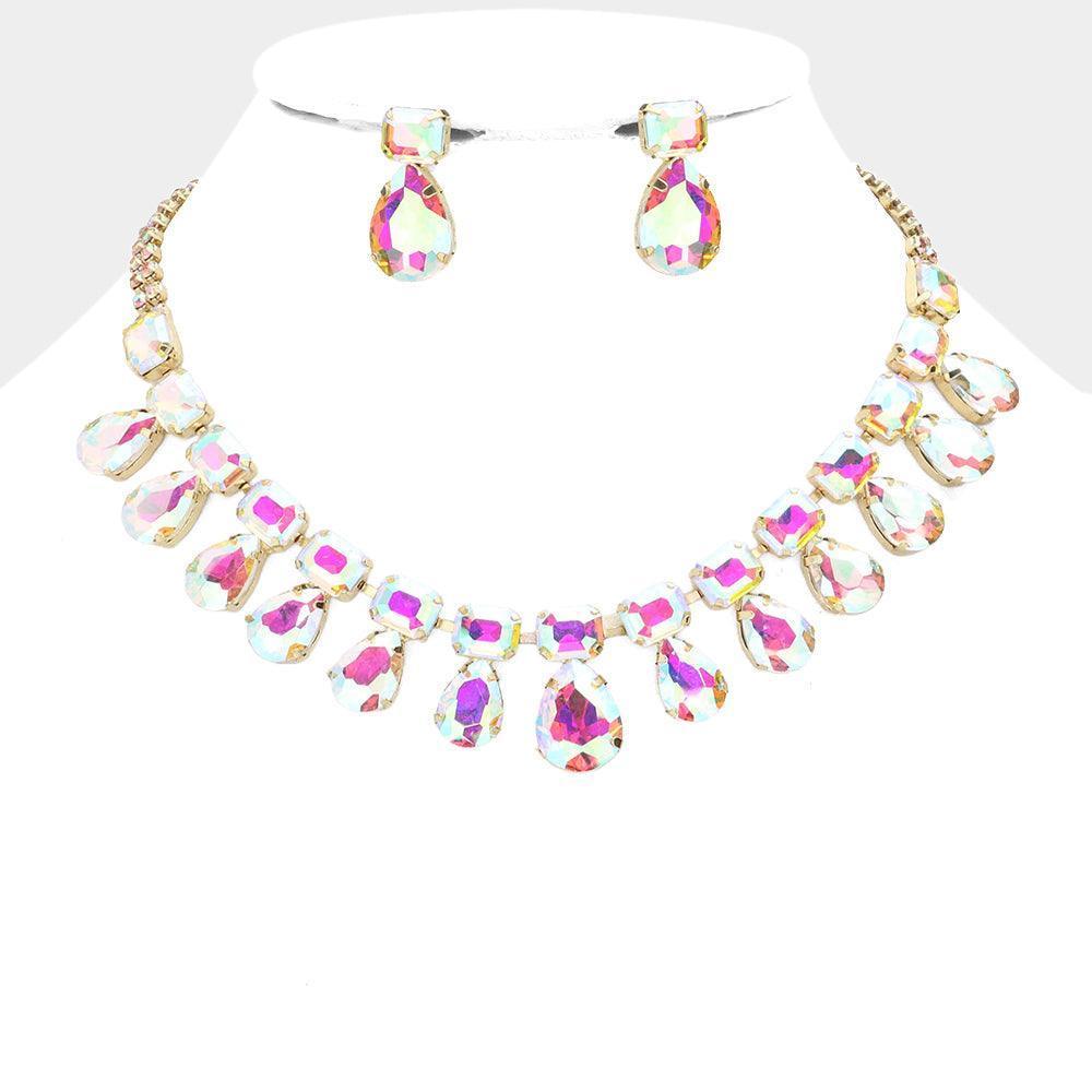 Gold Emerald Cut Teardrop Stone Cluster Evening Necklace - Jewelry Store by Erik Rayo