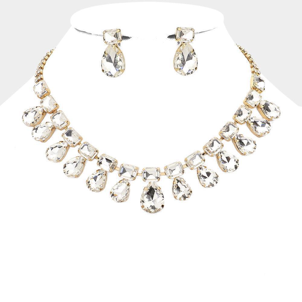 Gold Emerald Cut Teardrop Stone Cluster Evening Necklace - Jewelry Store by Erik Rayo