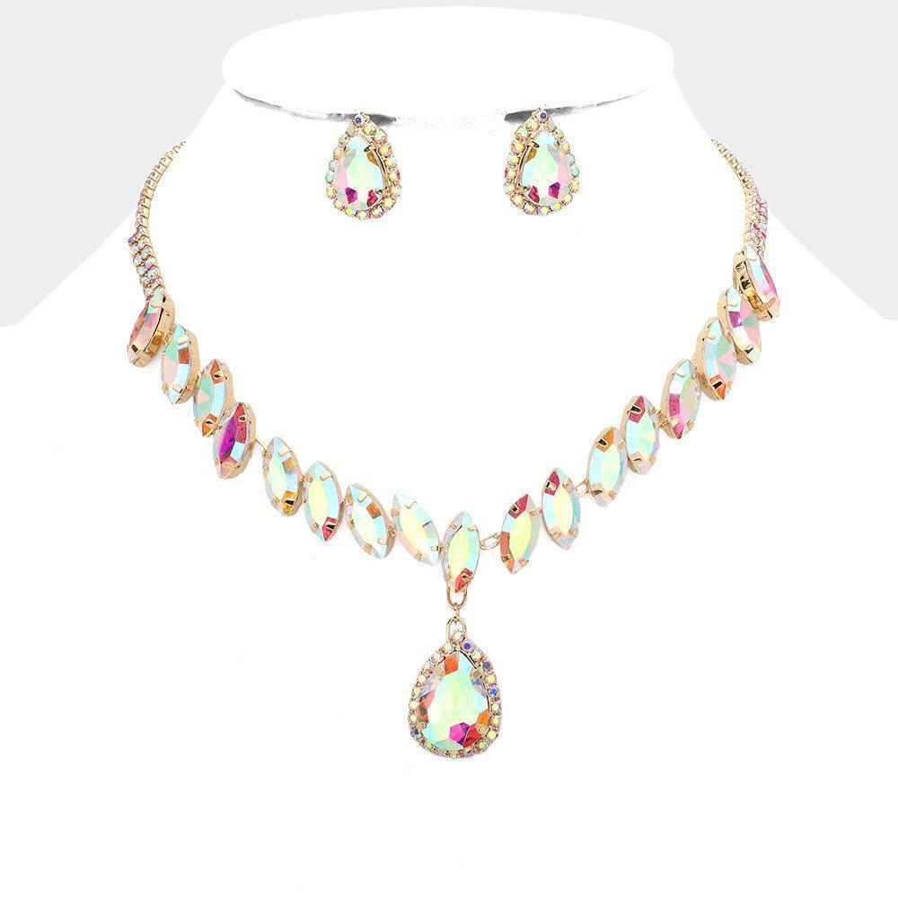 Gold Marquise Stone Cluster Dropped Teardrop Evening Necklace - Jewelry Store by Erik Rayo
