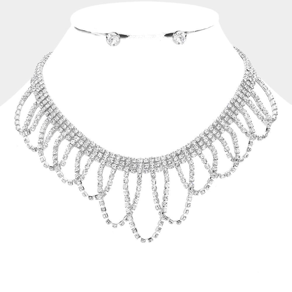 Silver Draped Rhinestone Evening Necklace