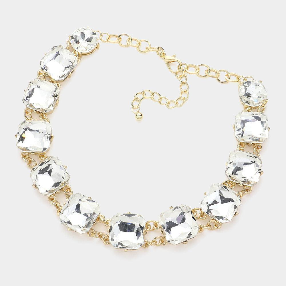 Gold Square Glass Stone Cluster Evening Necklace - Jewelry Store by Erik Rayo