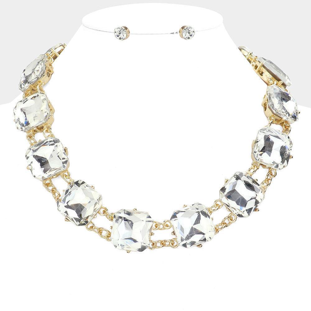 Gold Square Glass Stone Cluster Evening Necklace - Jewelry Store by Erik Rayo