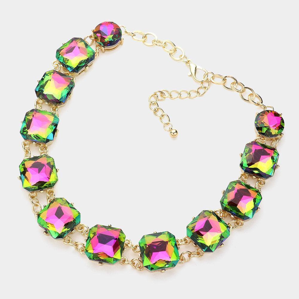Gold Square Glass Stone Cluster Evening Necklace - Jewelry Store by Erik Rayo