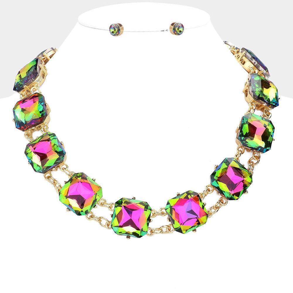 Gold Square Glass Stone Cluster Evening Necklace - Jewelry Store by Erik Rayo