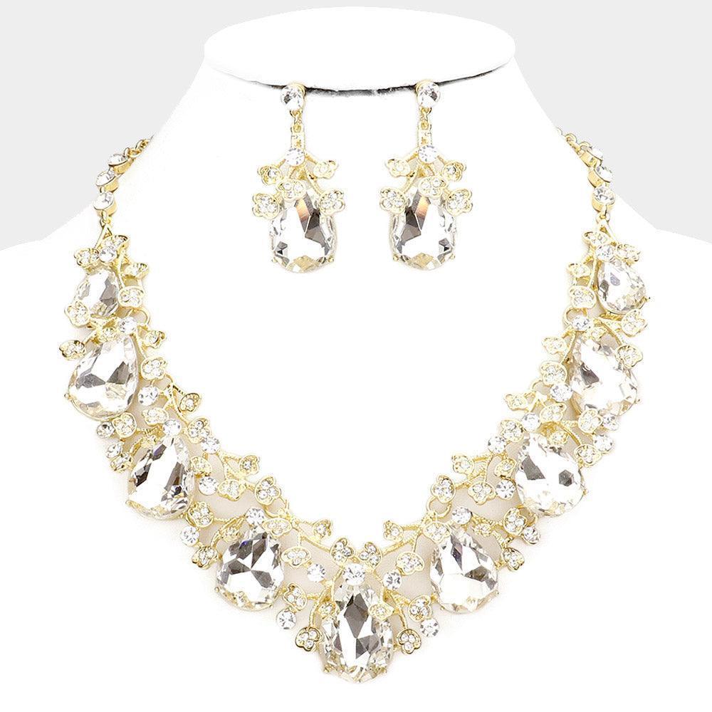 Gold Teardrop Crystal Rhinestone Floral Vine Evening Necklace - Jewelry Store by Erik Rayo