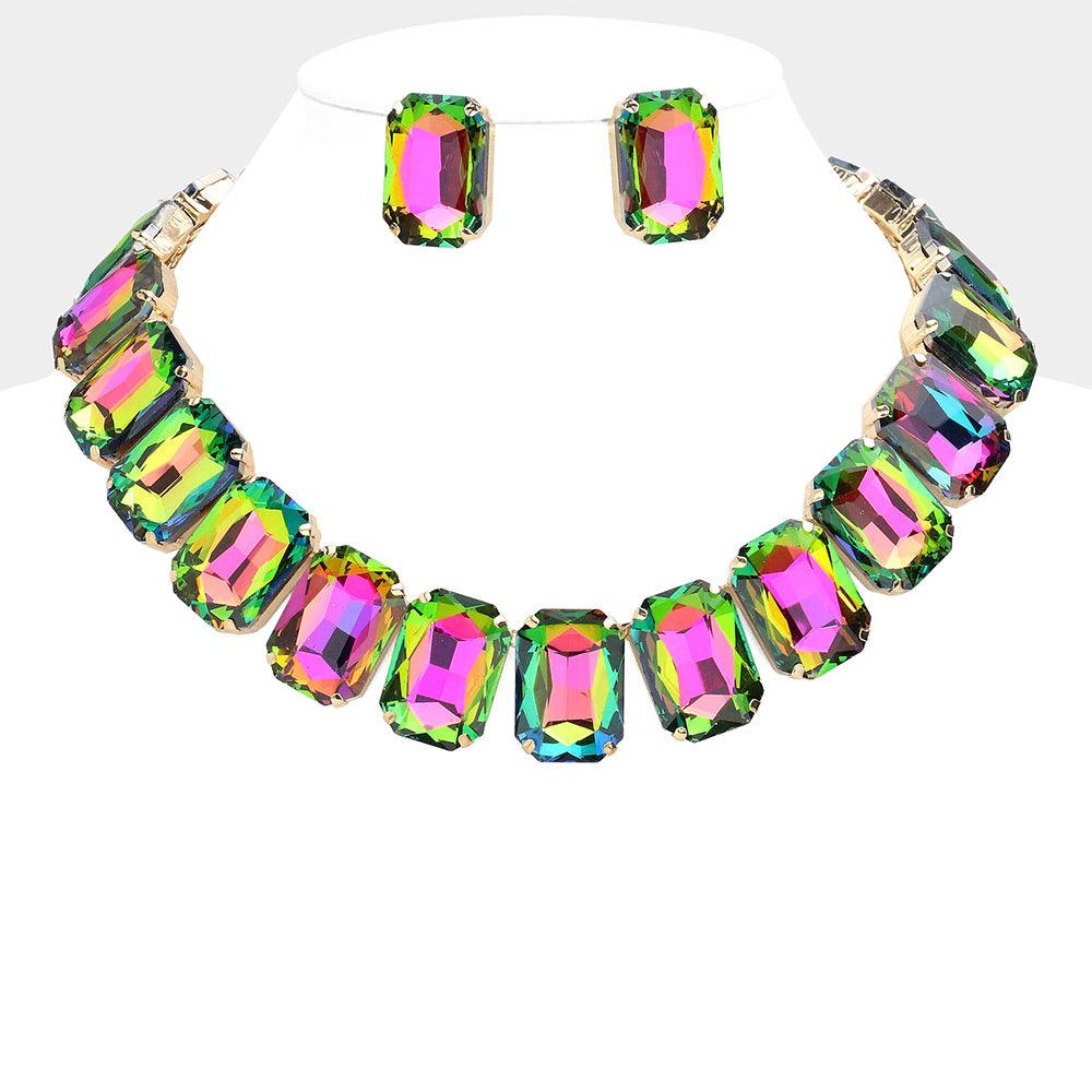 Gold Emerald Cut Stone Collar Evening Necklace