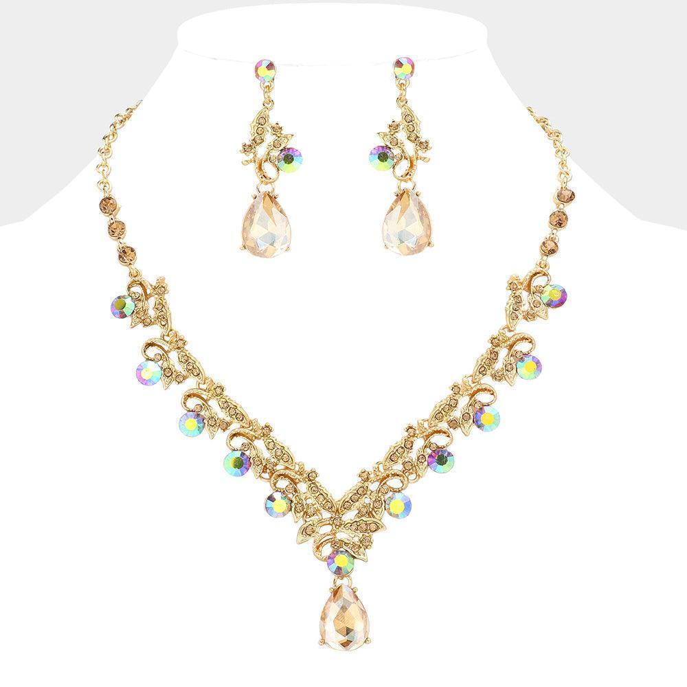 Gold Teardrop Round Stone Accented Leaf Evening Necklace - Jewelry Store by Erik Rayo