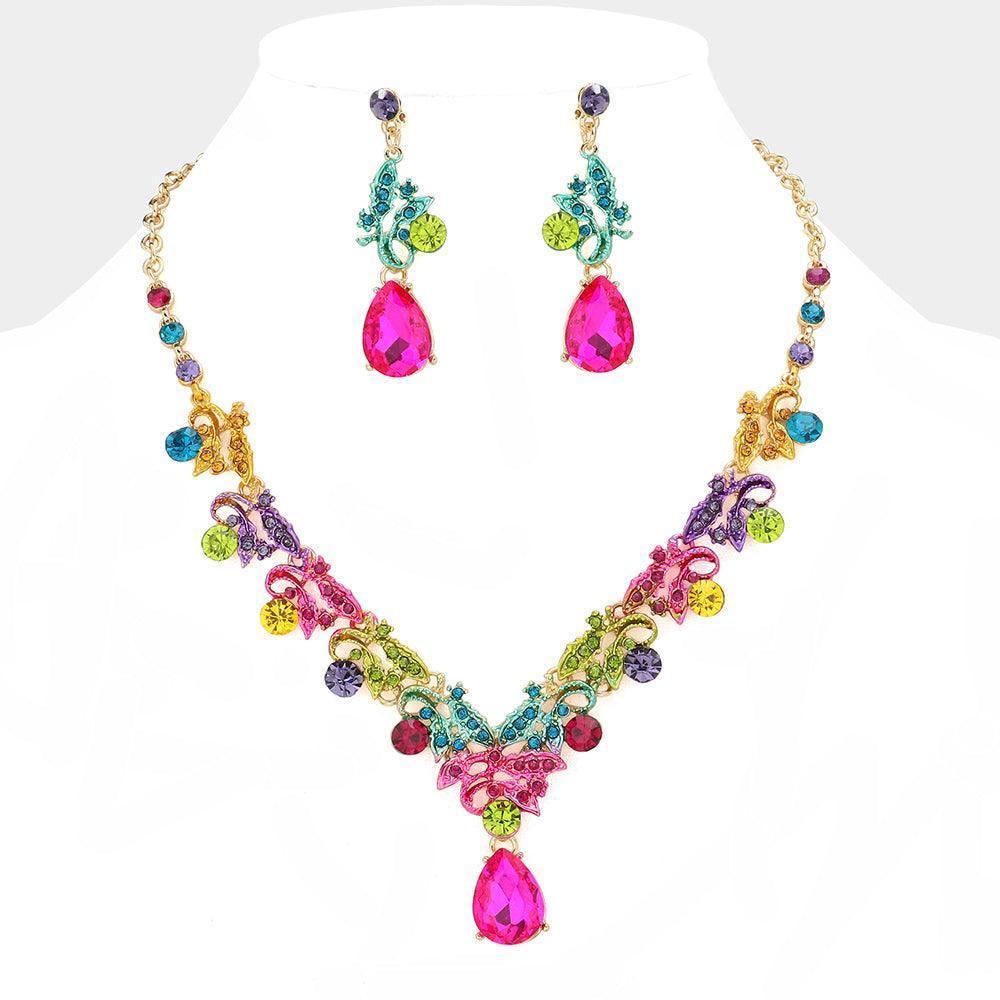 Gold Teardrop Round Stone Accented Leaf Evening Necklace - Jewelry Store by Erik Rayo
