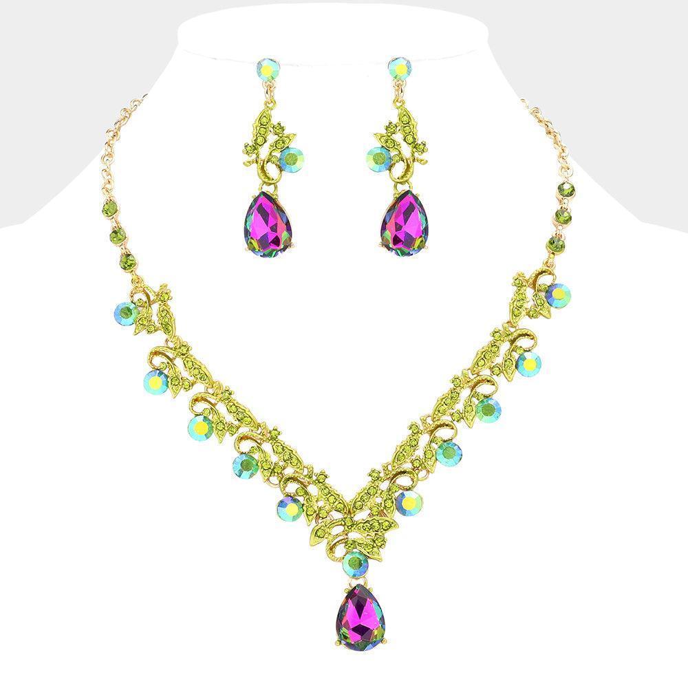Gold Teardrop Round Stone Accented Leaf Evening Necklace - Jewelry Store by Erik Rayo