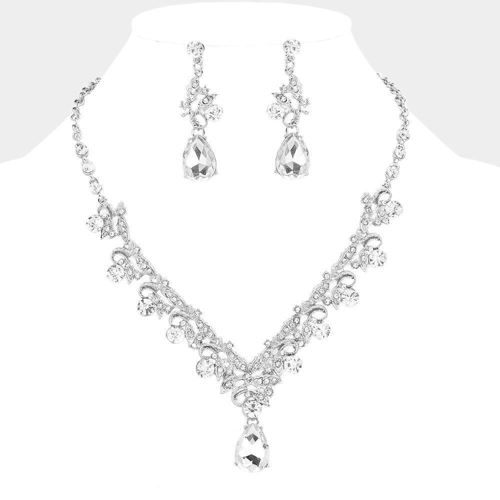 Teardrop Round Stone Accented Leaf Evening Necklace - Jewelry Store by Erik Rayo