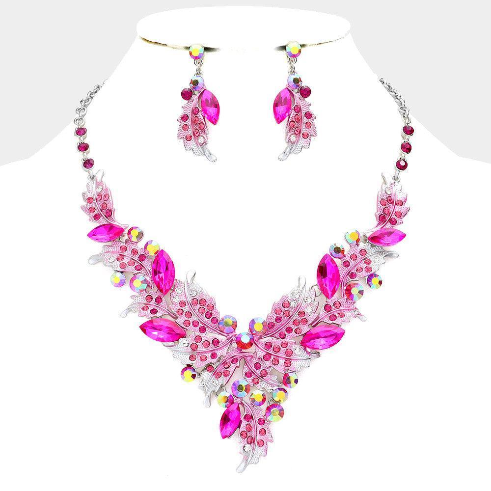 Fuchsia Marquise Stone Cluster Leaf Embellished Evening Necklace Rhinestone Paved - Jewelry Store by Erik Rayo
