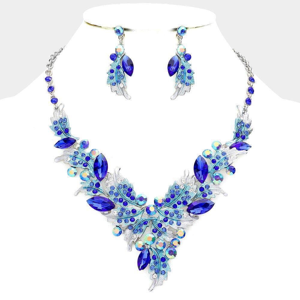 Blue Marquise Stone Cluster Leaf Embellished Evening Necklace Rhinestone Paved - Jewelry Store by Erik Rayo
