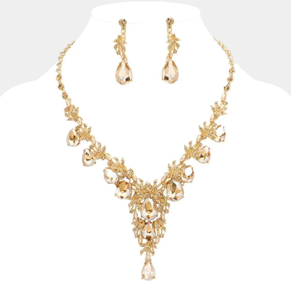 Gold Pearl Vine Teardrop Stone Cluster Link Evening Necklace Rhinestone Paved - Jewelry Store by Erik Rayo