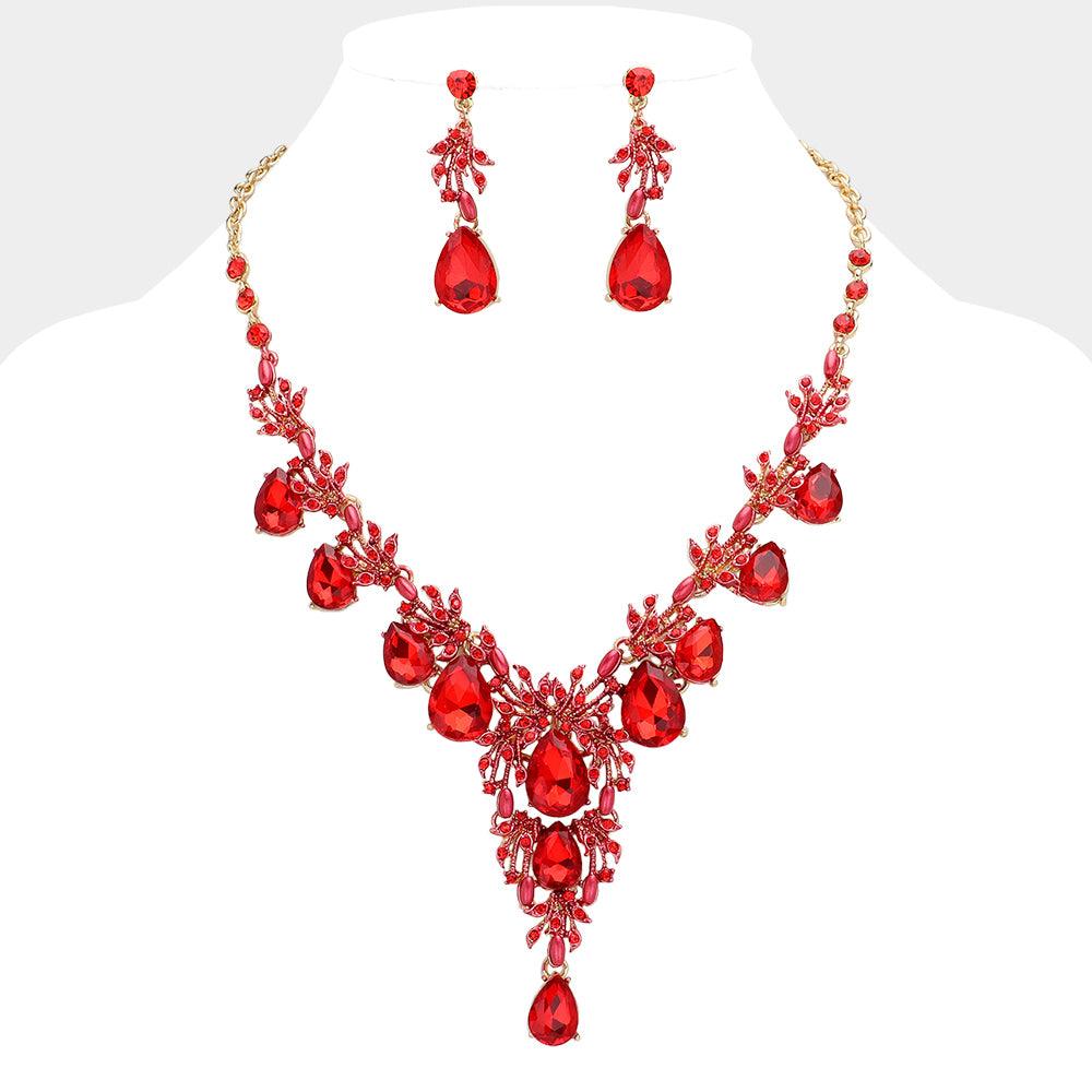 Red Pearl Vine Teardrop Stone Cluster Link Evening Necklace Rhinestone Paved