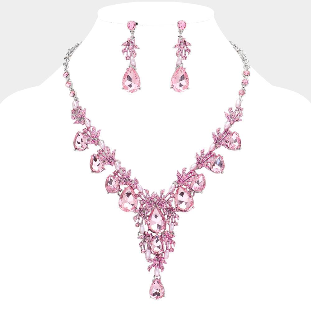 Pink Pearl Vine Teardrop Stone Cluster Link Evening Necklace Rhinestone Paved