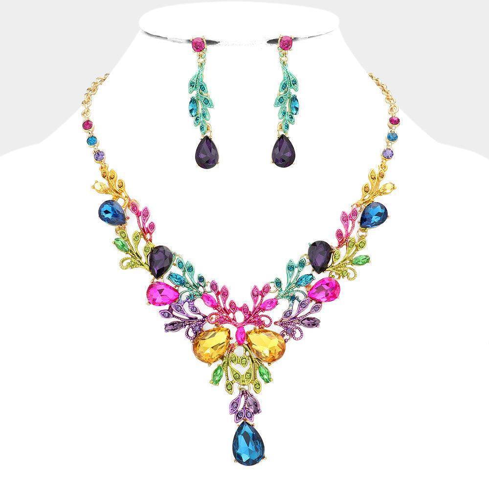 Gold Teardrop Round Stone Accented Leaf Cluster Evening Necklace - Jewelry Store by Erik Rayo