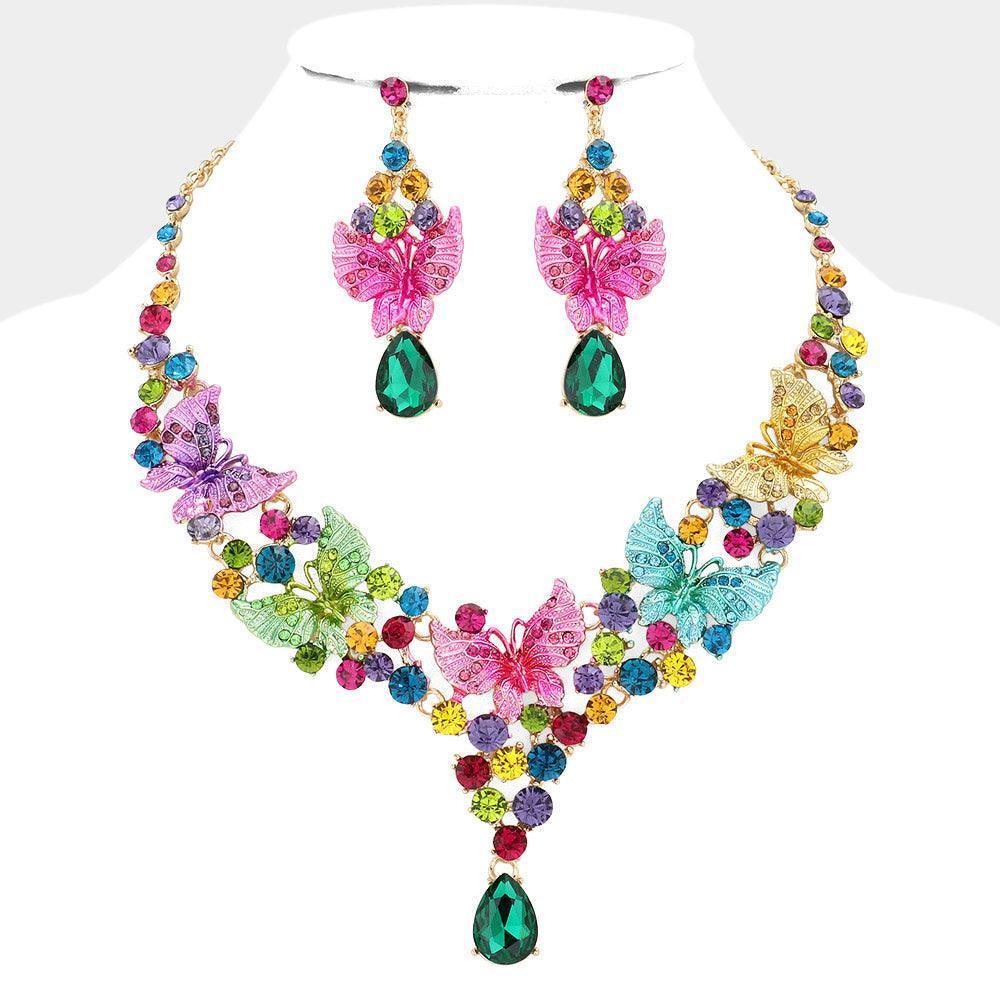 Gold Butterfly Cluster Teardrop Stone Accented Evening Necklace - Jewelry Store by Erik Rayo