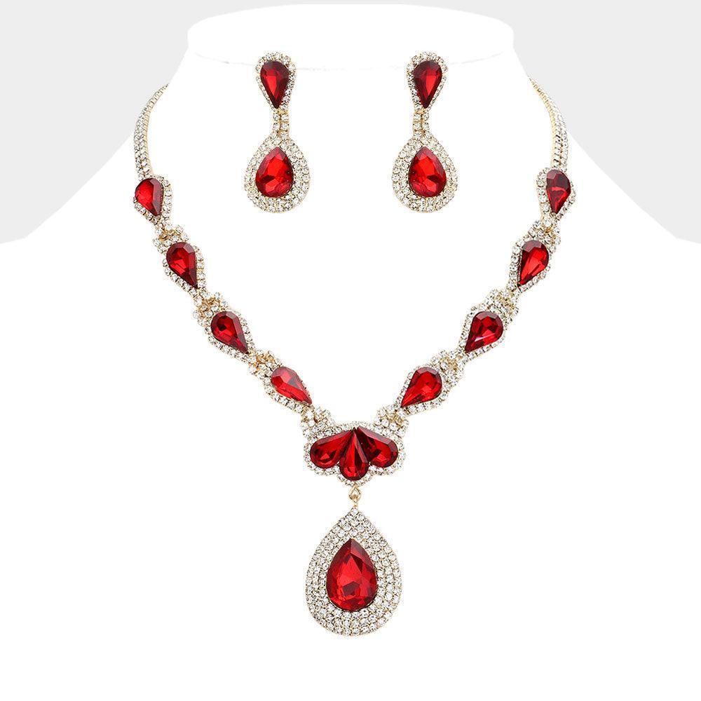 Red Teardrop Stone Cluster Pendant Pointed Teardrop Stone Cluster Link Evening Necklace - Jewelry Store by Erik Rayo