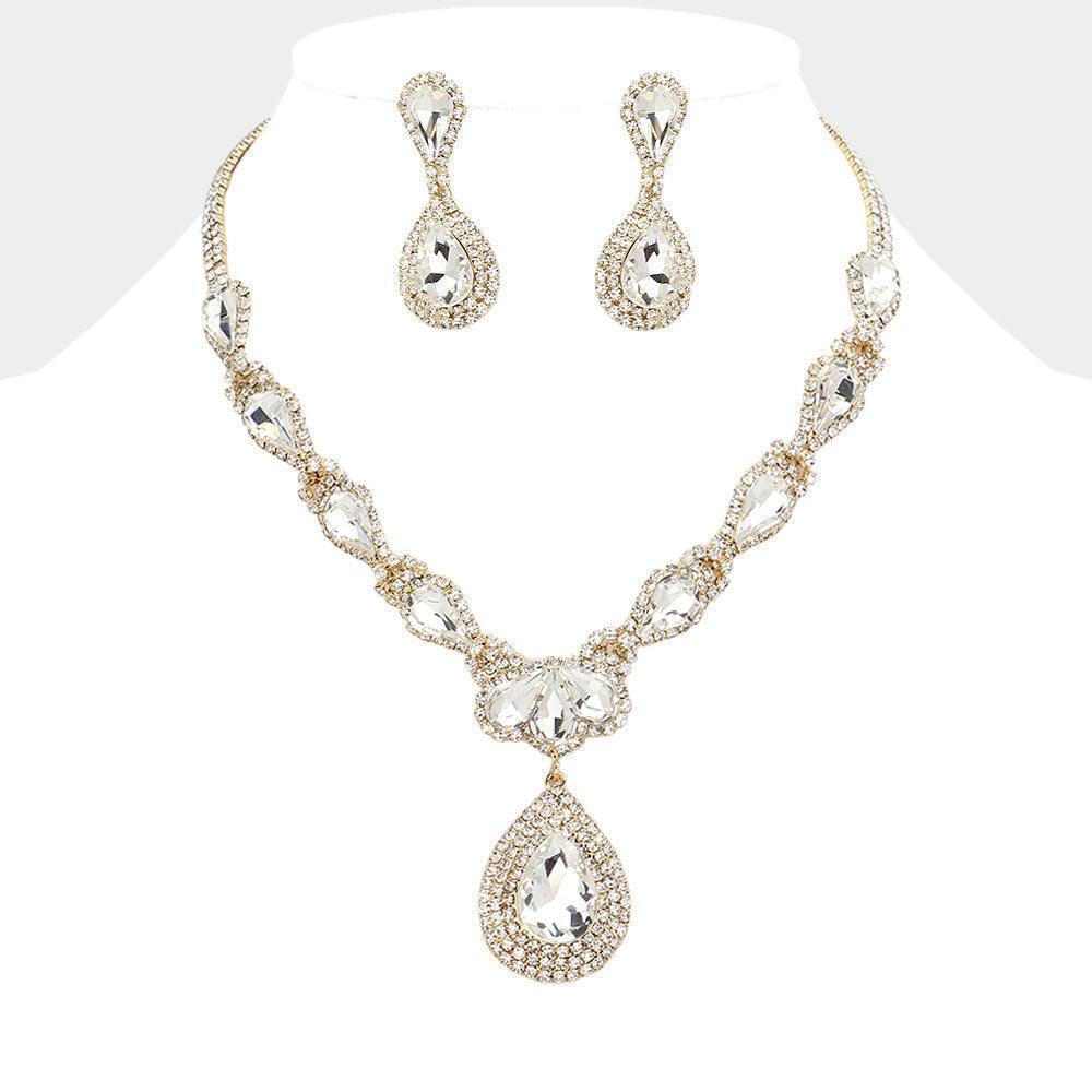 Gold Teardrop Stone Cluster Pendant Pointed Teardrop Stone Cluster Link Evening Necklace - Jewelry Store by Erik Rayo