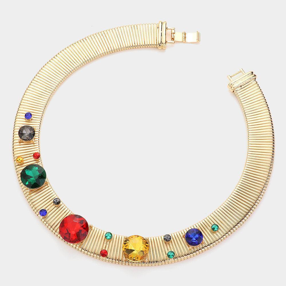 Gold Round Rhinestone Cluster Pointed Metal Chain Necklace - Jewelry Store by Erik Rayo