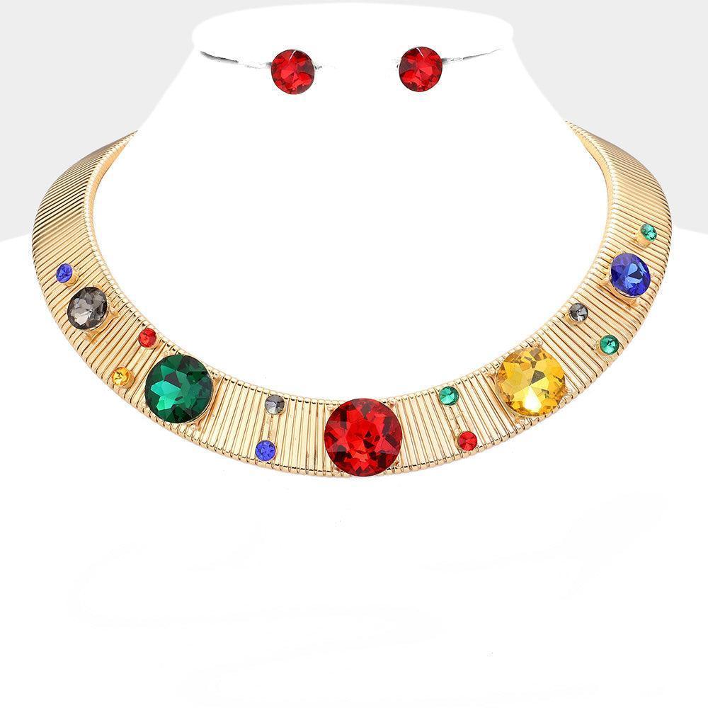 Gold Round Rhinestone Cluster Pointed Metal Chain Necklace - Jewelry Store by Erik Rayo