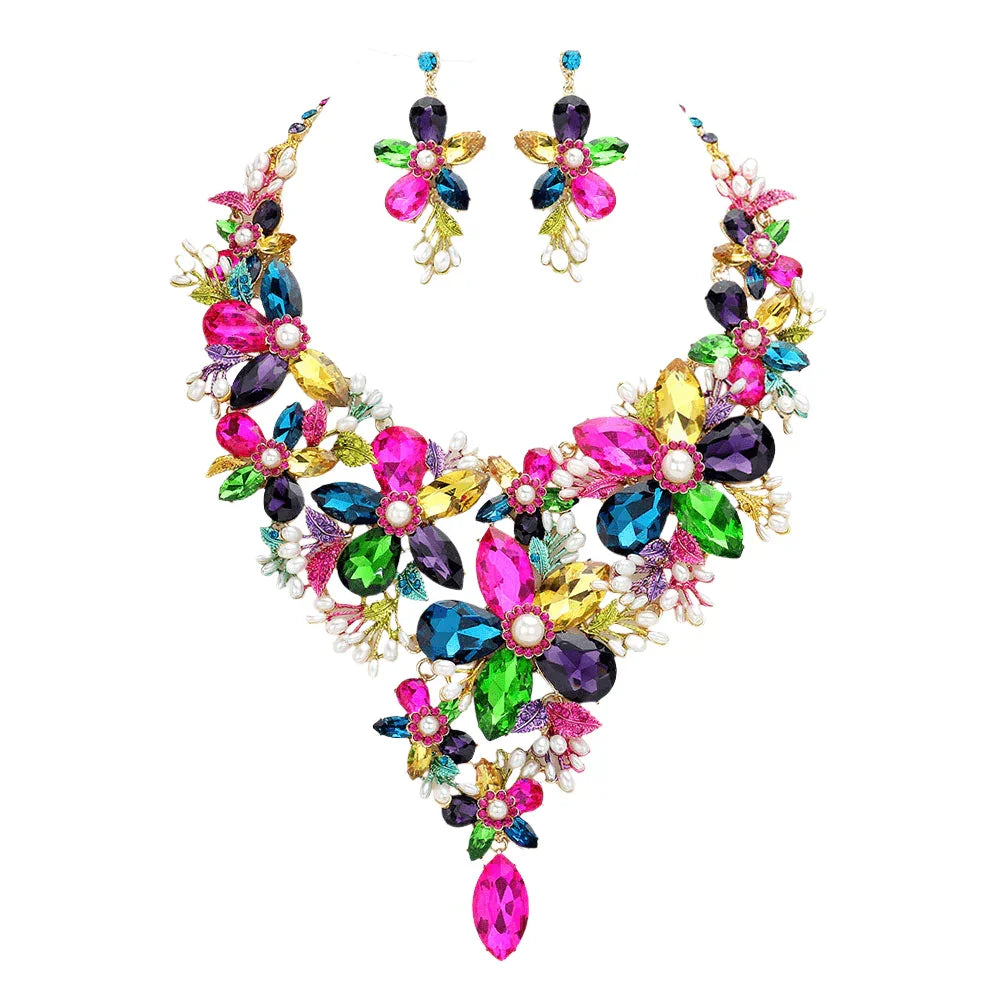 Gold Pearl Embellished Flower Glass Stone Cluster Statement Evening Necklace - Jewelry Store by Erik Rayo