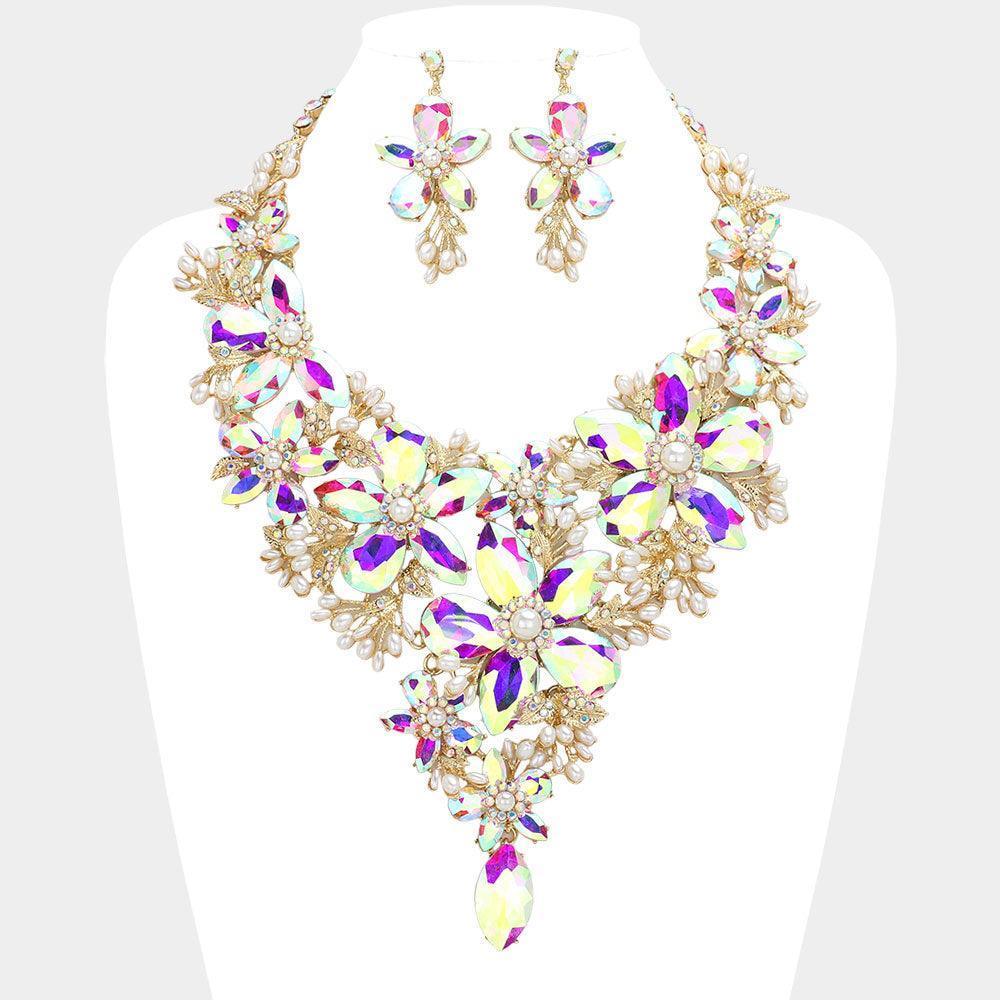 Gold Pearl Embellished Flower Glass Stone Cluster Statement Evening Necklace - Jewelry Store by Erik Rayo