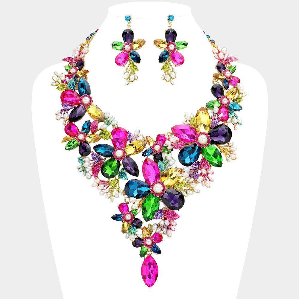 Gold Pearl Embellished Flower Glass Stone Cluster Statement Evening Necklace - Jewelry Store by Erik Rayo