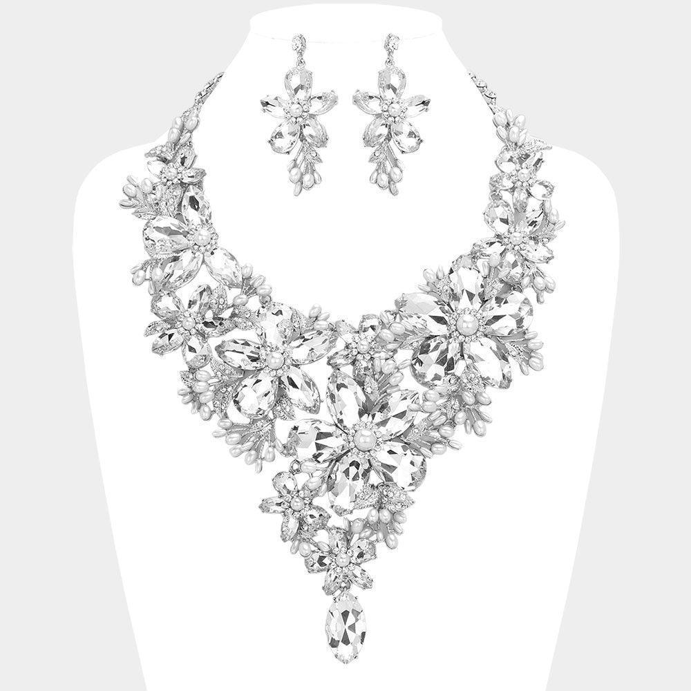 Pearl Embellished Flower Glass Stone Cluster Statement Evening Necklace - Jewelry Store by Erik Rayo