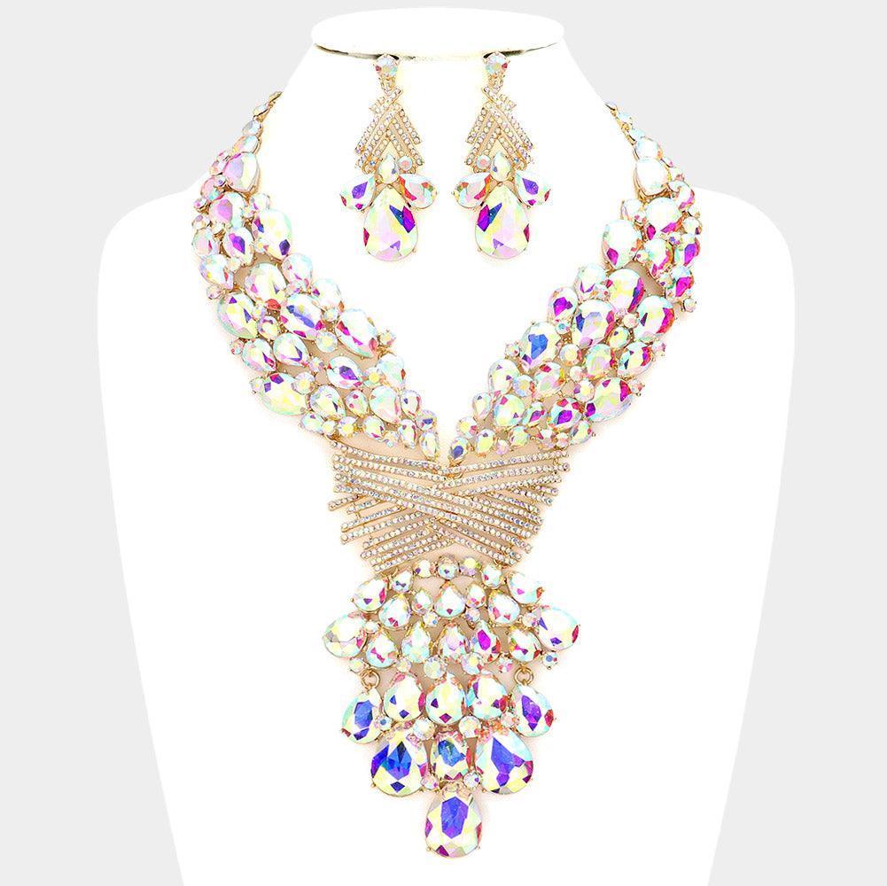 Gold Teardrop Round Stone Embellished Statement Evening Necklace - Jewelry Store by Erik Rayo