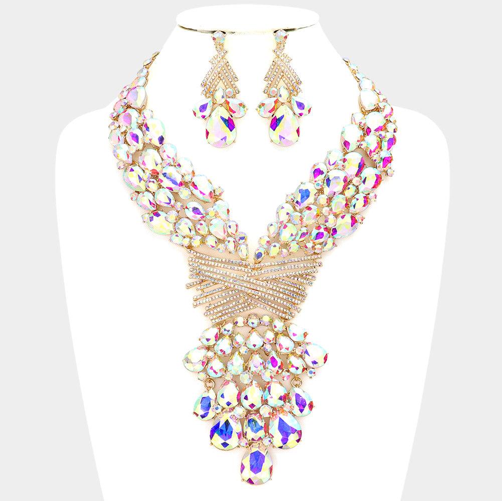 Gold Teardrop Round Stone Embellished Statement Evening Necklace