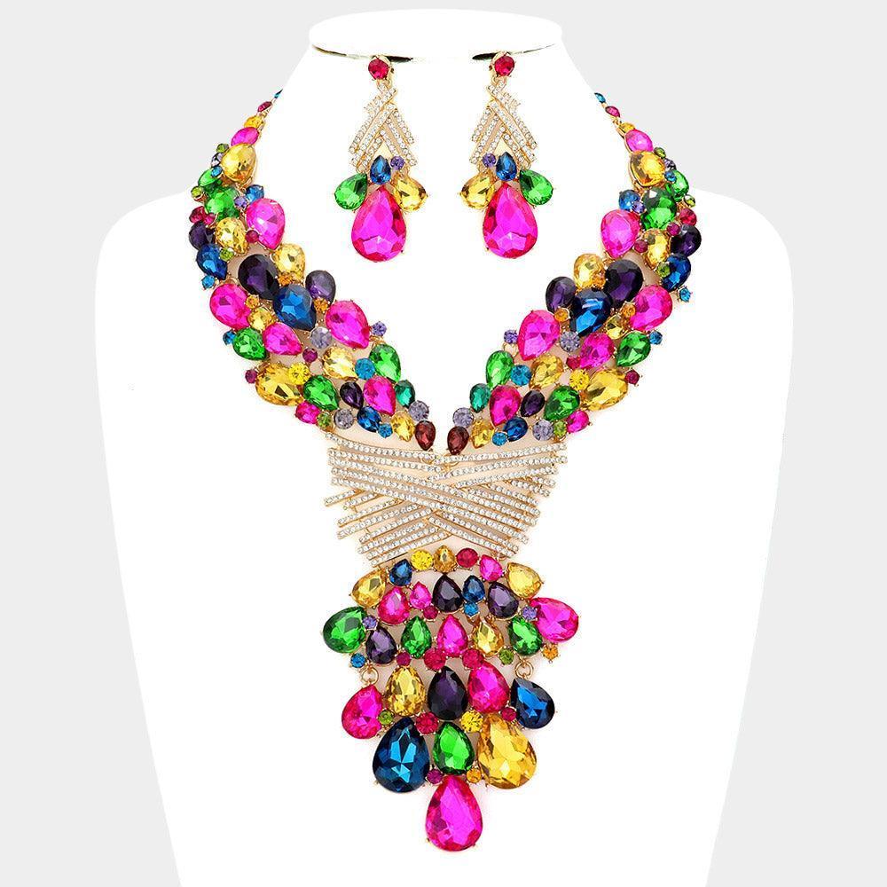 Gold Teardrop Round Stone Embellished Statement Evening Necklace - Jewelry Store by Erik Rayo