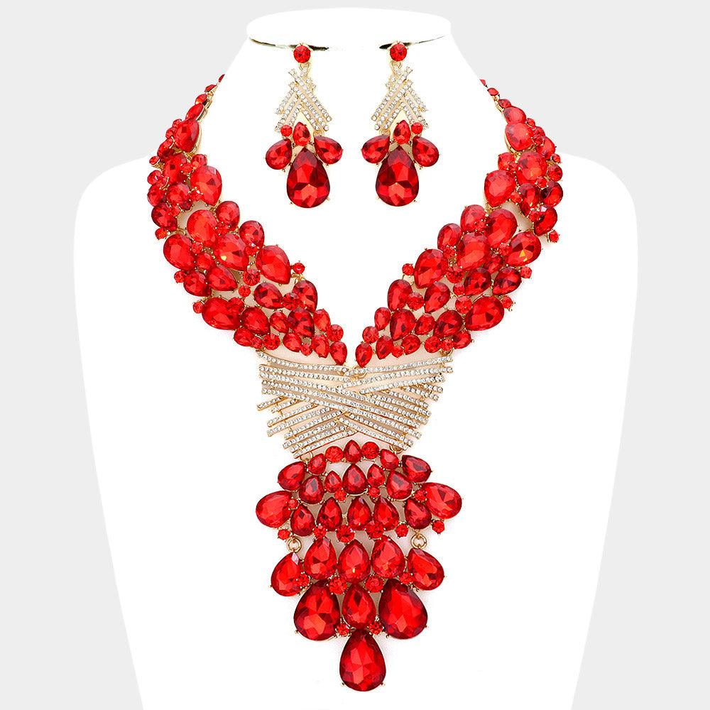 Red Teardrop Round Stone Embellished Statement Evening Necklace
