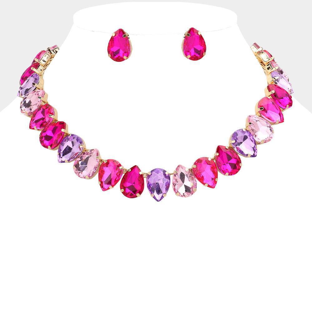 Pink Teardrop Stone Cluster Link Evening Necklace