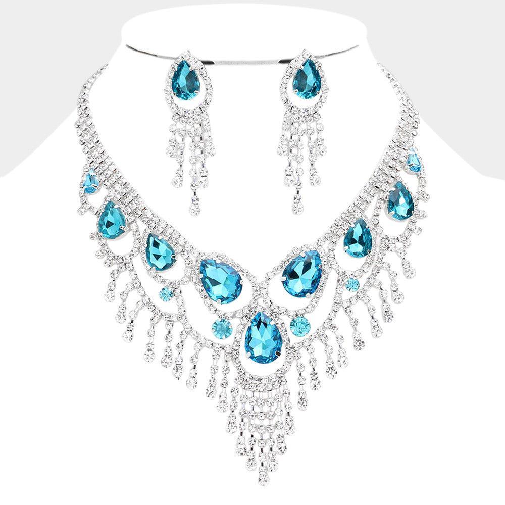 Aqua Teardrop Stone Accented Fringe Evening Necklace - Jewelry Store by Erik Rayo