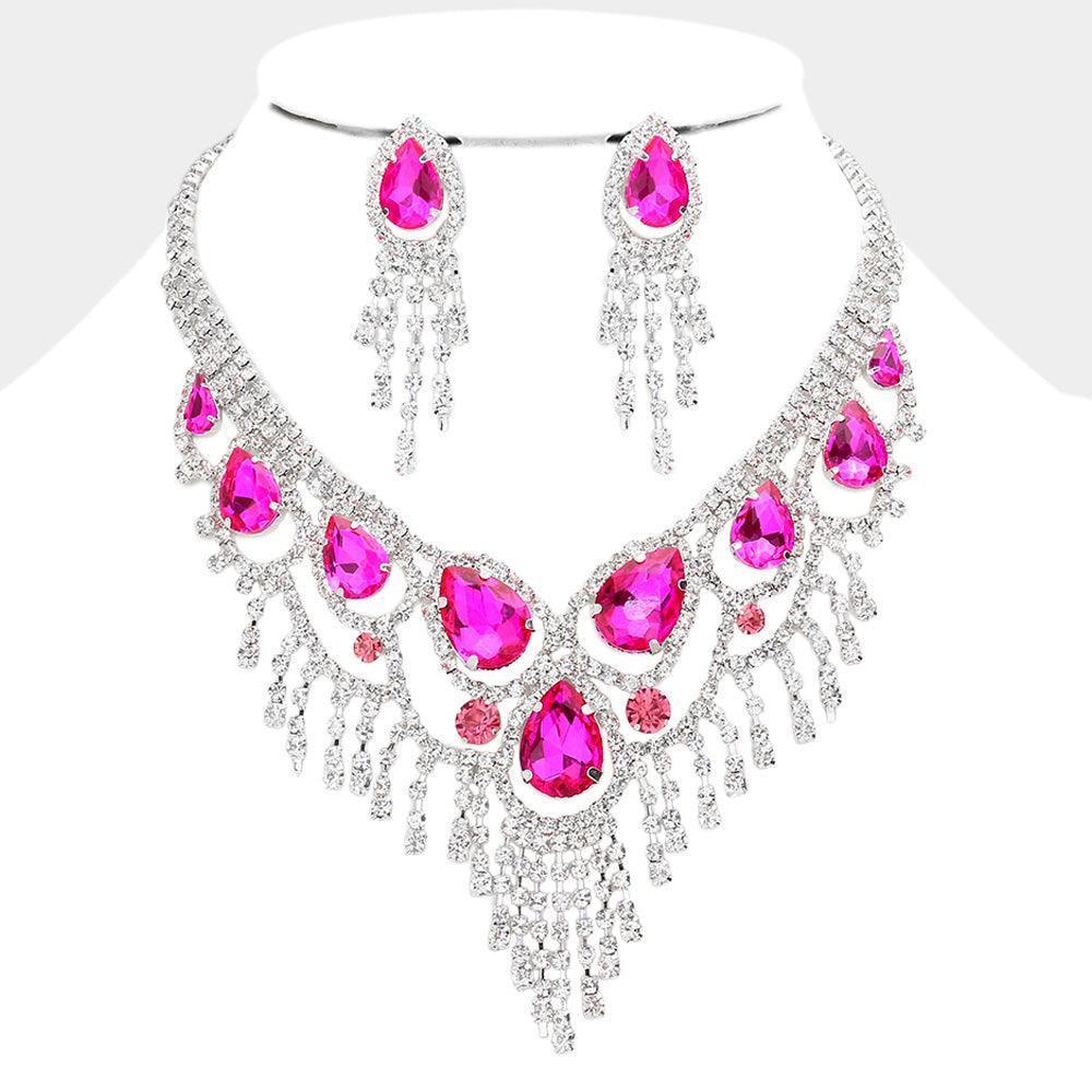 Fuchsia Teardrop Stone Accented Fringe Evening Necklace - Jewelry Store by Erik Rayo